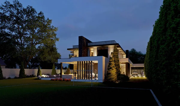 3D visualization of a house with a terrace and panoramic windows. luxury architecture