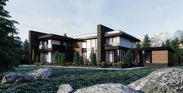 3D visualization of a house with a terrace and panoramic windows. luxurious architecture