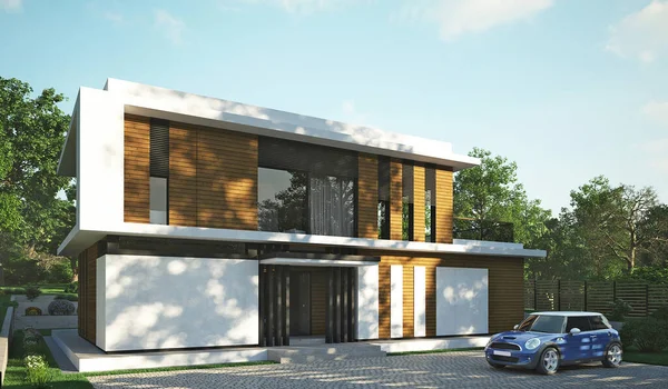 3D visualization of a modern house with a terrace. wooden facade. Modern architecture