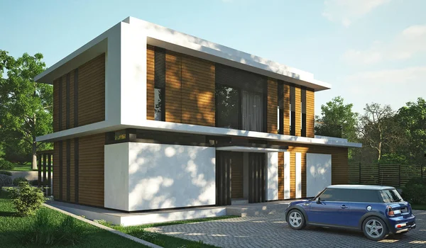 Teraslı modern bir evin 3 boyutlu görüntüsü. Tahta cephe. Modern mimari