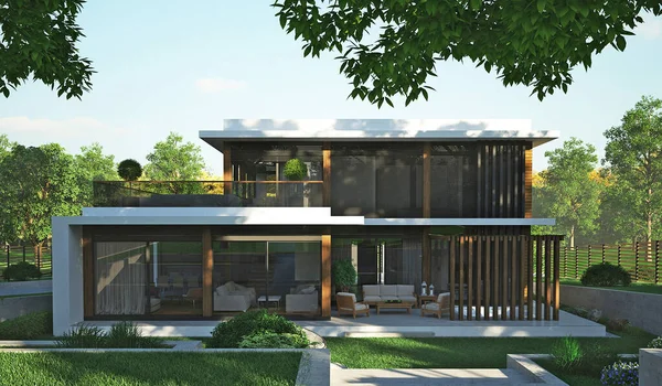 Teraslı modern bir evin 3 boyutlu görüntüsü. Tahta cephe. Modern mimari