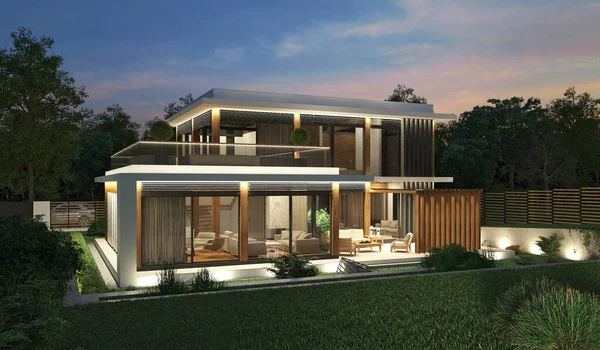 3D visualization of a modern house with a terrace. wooden facade. Modern architecture