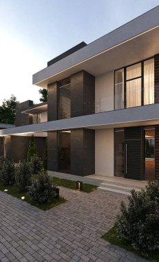 Panoramik pencereli ve teraslı modern bir ev. 3 boyutlu görselleştirme. Lüks mimari