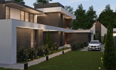 Panoramik pencereli ve teraslı modern bir ev. 3 boyutlu görselleştirme. Lüks mimari