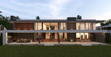 Panoramik pencereli ve teraslı modern bir ev. 3 boyutlu görselleştirme. Lüks mimari
