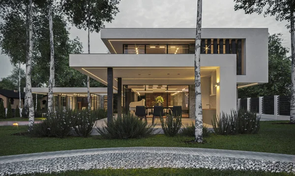 Modern Villa Med Panoramafönster Och Stor Terrass Lyxig Arkitektur Eldzon — Stockfoto