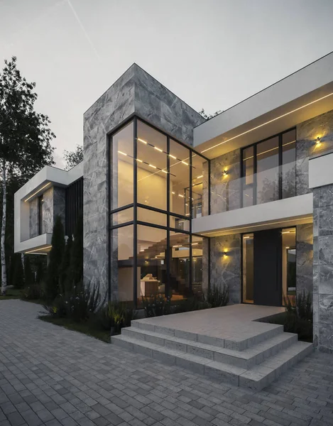 Modern Villa Panoramic Windows Large Terrace Luxurious Architecture Bonfire Zone — Stock Photo, Image