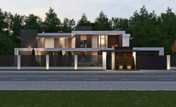 Panoramik pencereli ve teraslı modern bir ev. 3 boyutlu görselleştirme. Lüks mimari