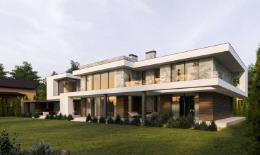 Büyük, modern bir villa. 3 boyutlu görselleştirme. Büyük bir arazide lüks bir ev. mimari nesne
