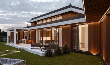 Modern bir tek katlı evin 3 boyutlu görüntüsü. Tahta cephe. Arabalar için tepe örtüsü. 3 boyutlu görselleştirme. Dışarıdan. ev mimarisi