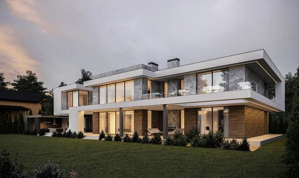 Geniş terası ve panoramik pencereleri olan modern bir ev. Ön cephenin akşam aydınlanması. Evin 3 boyutlu görüntüsü. lüks mimari
