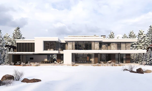 Nowoczesny Dom Płaskim Dachem Zimie Dom Śniegu Panoramiczne Okna Luksusowa — Zdjęcie stockowe