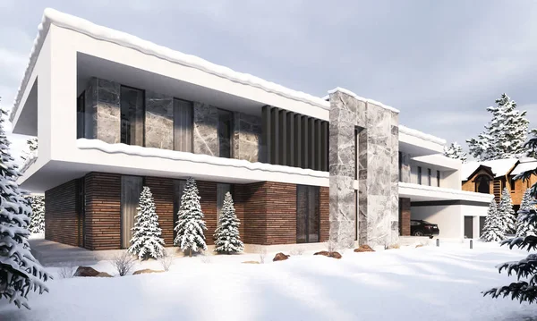 Modern house with a flat roof in winter. House in the snow. panoramic windows. luxury architecture