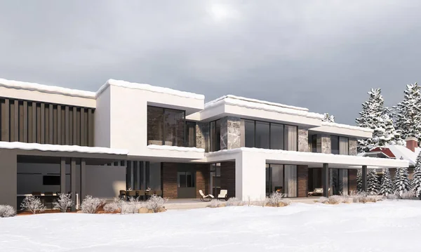 Modern house with a flat roof in winter. House in the snow. panoramic windows. luxury architecture