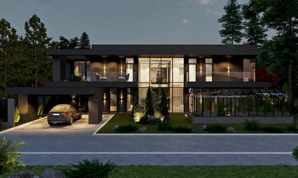レンガ造りのファサードと暗いパレットとモダンなスタイルの家 パノラマの窓とテラス付きの家 3D可視化 ユニークな建築 — ストック写真