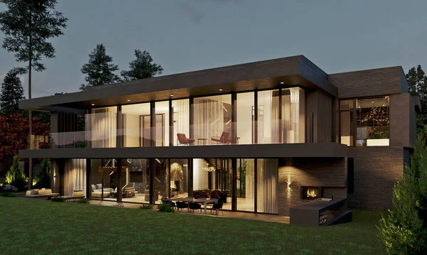 Haus Modernen Stil Mit Ziegelfassade Und Dunklen Brüstungen Haus Mit — Stockfoto