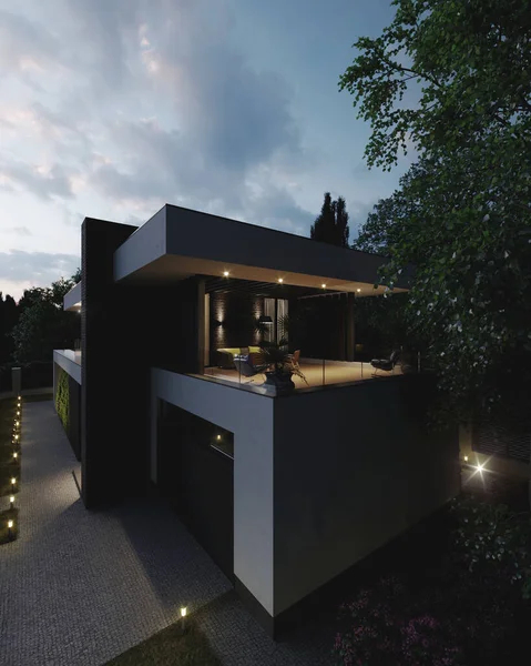 Visualisering Ett Modernt Hus Hus Med Terrass Och Panoramafönster Fasaden — Stockfoto