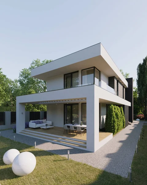 Visualisatie Van Een Modern Huis Huis Met Een Terras Panoramische — Stockfoto