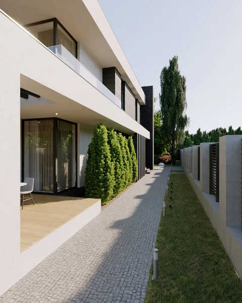 Visualización Una Casa Moderna Casa Con Terraza Ventanas Panorámicas Fachada — Foto de Stock