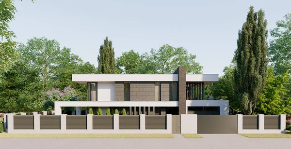 Visualisation Une Maison Moderne Maison Avec Terrasse Fenêtres Panoramiques Façade — Photo