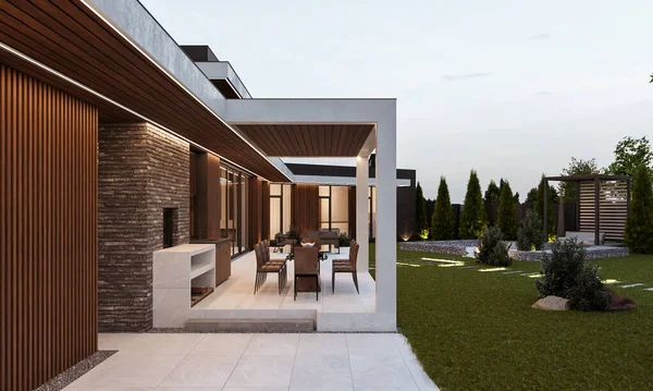 Visualização Uma Moderna Casa Andar Fachada Madeira Canopy Para Carros — Fotografia de Stock