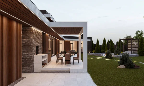 Modern bir tek katlı evin 3 boyutlu görüntüsü. Tahta cephe. Arabalar için tepe örtüsü. 3 boyutlu görselleştirme. Dışarıdan. ev mimarisi