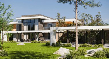 Modern bir villanın güzel manzaralı geniş bir arazide 3D görüntüsü. Teraslı ve panoramik pencereli bir ev.