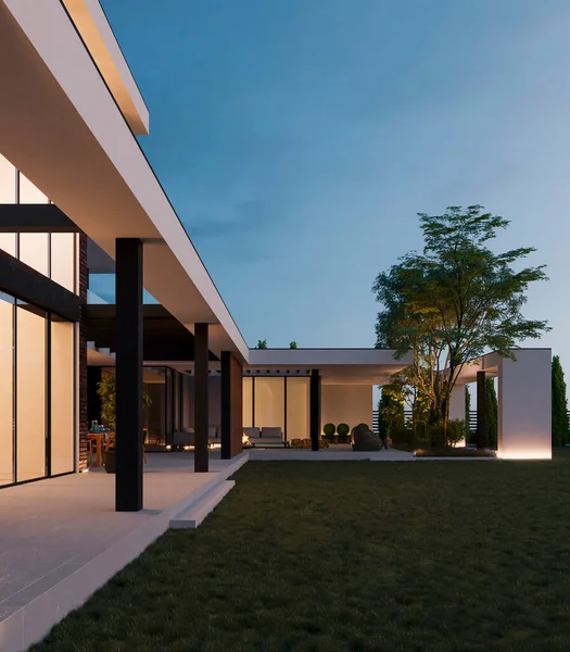 Visualisatie Van Een Moderne Villa Een Groot Perceel Met Prachtige — Stockfoto