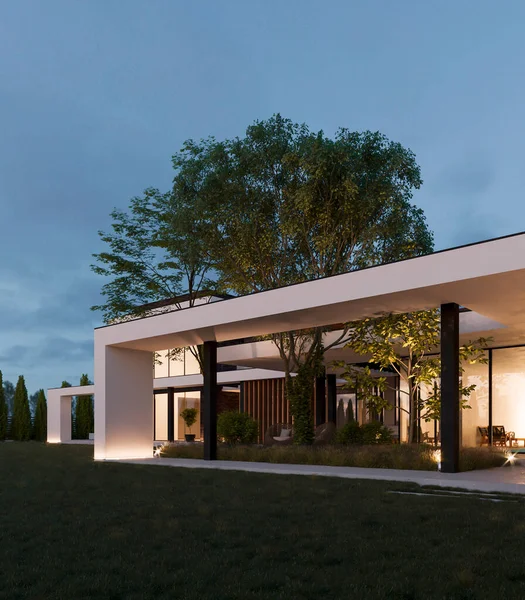 Modern Bir Villanın Güzel Manzaralı Geniş Bir Arazide Görüntüsü Teraslı — Stok fotoğraf