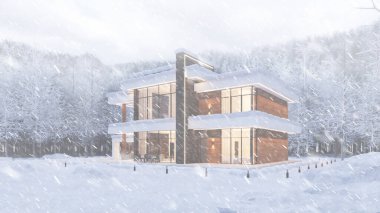 Modern bir evi kış ormanının arka planına karşı 3 boyutlu olarak hazırlamak. Evin etrafında kar var. Dışarıdan. Teraslı iki katlı bir ev. Modern mimari.