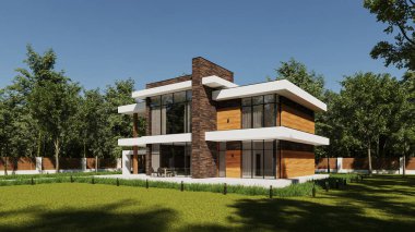 Modern bir evi kış ormanının arka planına karşı 3 boyutlu olarak hazırlamak. Evin etrafında kar var. Dışarıdan. Teraslı iki katlı bir ev. Modern mimari.