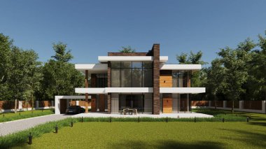 Modern bir evi kış ormanının arka planına karşı 3 boyutlu olarak hazırlamak. Evin etrafında kar var. Dışarıdan. Teraslı iki katlı bir ev. Modern mimari.