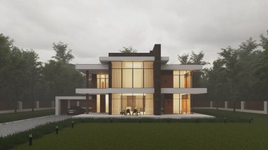 Modern bir evi kış ormanının arka planına karşı 3 boyutlu olarak hazırlamak. Evin etrafında kar var. Dışarıdan. Teraslı iki katlı bir ev. Modern mimari.