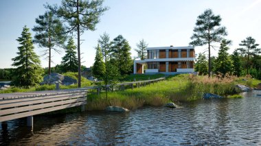 Göl kenarındaki modern kır evi. Tatil Evi. 3 boyutlu görselleştirme. Modern mimari