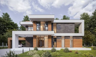 Garajlı modern bir evin 3 boyutlu görüntüsü. Panoramik pencereli ev. Ormandaki ev