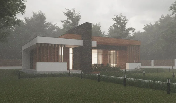 Modern country house on the background of the forest. House with a terrace and panoramic windows. Improvement of the territory. 3D visualization