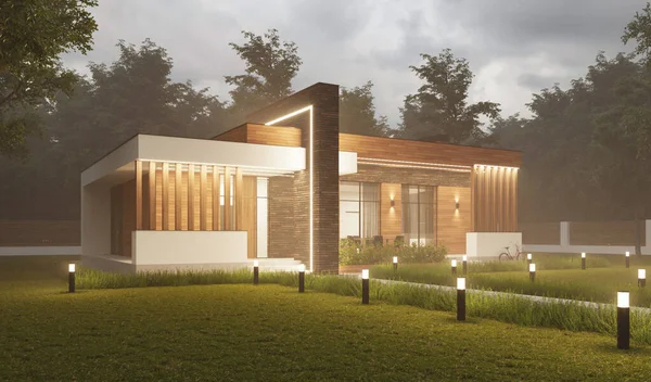 Ormanın arka planındaki modern kır evi. Teraslı ve panoramik pencereli bir ev. Bölgenin gelişimi. 3B görselleştirme