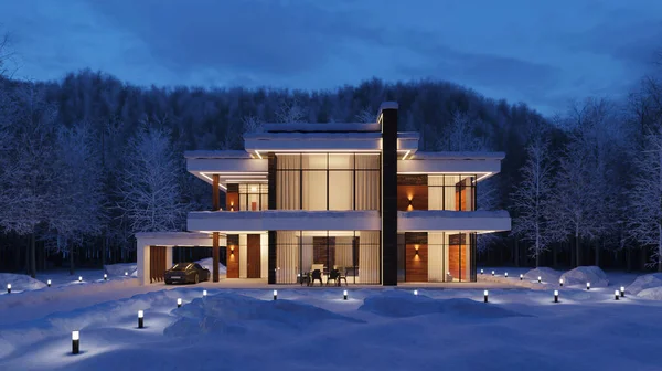 3D rendering of a modern house against the backdrop of a winter forest. Snow around the house. Exterior. Two-storey house with a terrace. Modern architecture.