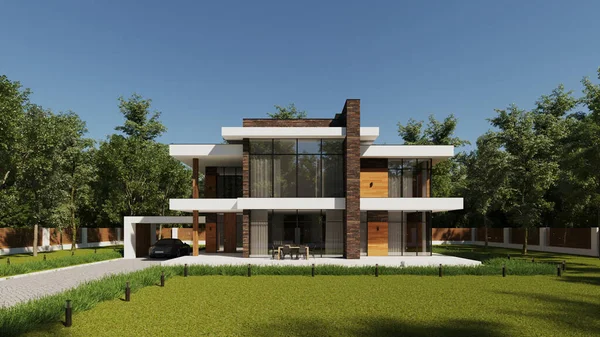 Modern bir evi kış ormanının arka planına karşı 3 boyutlu olarak hazırlamak. Evin etrafında kar var. Dışarıdan. Teraslı iki katlı bir ev. Modern mimari.