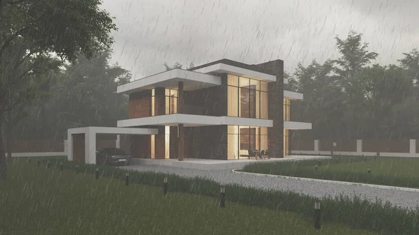 3D rendering of a modern house against the backdrop of a winter forest. Snow around the house. Exterior. Two-storey house with a terrace. Modern architecture.