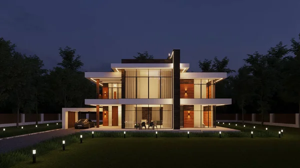 3D rendering of a modern house against the backdrop of a forest. Evening illumination of the facade. Exterior. Two-storey house with a terrace. Modern architecture.