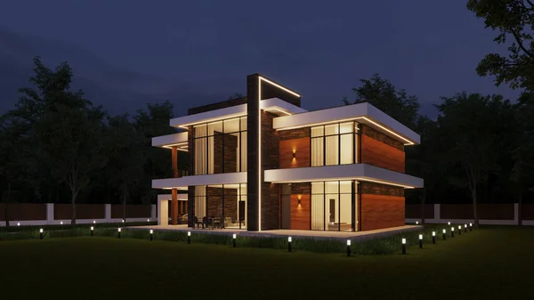 3D rendering of a modern house against the backdrop of a forest. Evening illumination of the facade. Exterior. Two-storey house with a terrace. Modern architecture.