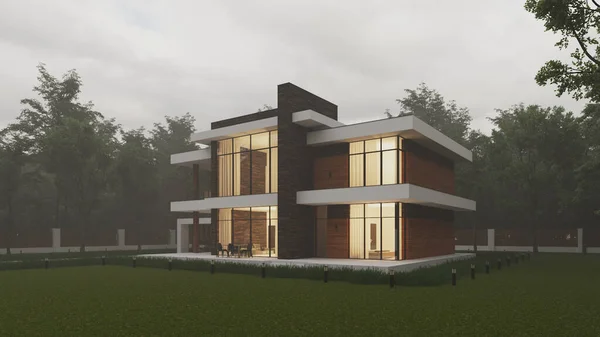 3D rendering of a modern house against the backdrop of a winter forest. Snow around the house. Exterior. Two-storey house with a terrace. Modern architecture.