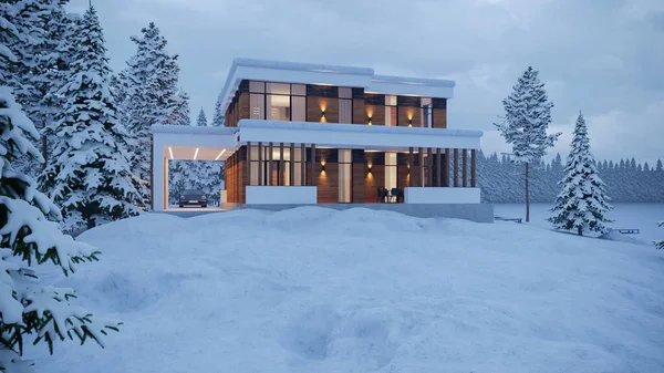 Nowoczesny Dom Wsi Nad Jeziorem Zimie Śnieg Pobliżu Domu Dom — Zdjęcie stockowe