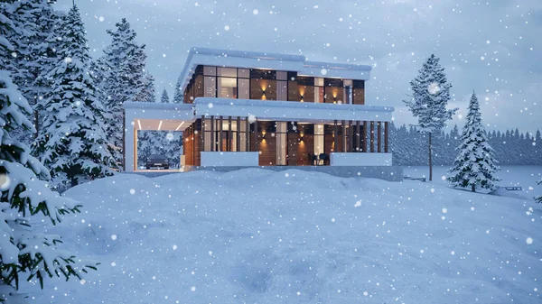 Modern country house by the lake in winter. Snow on the site near the house. Holiday House. 3D visualization. Modern architecture. Night illumination of the facade. house exterior