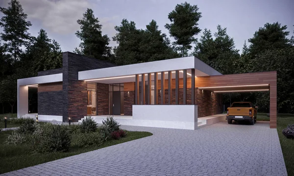 Modern house with terrace and carport. 3D visualization. House exterior. The facade of the house in a modern style.