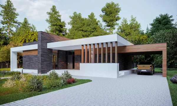 Terası ve garajı olan modern bir ev. 3 boyutlu görselleştirme. Evin dış tarafı. Evin ön cephesi modern tarzda..