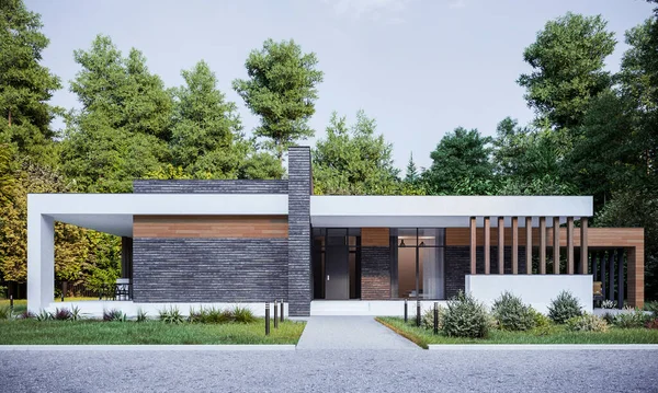 Modern house with terrace and carport. 3D visualization. House exterior. The facade of the house in a modern style.