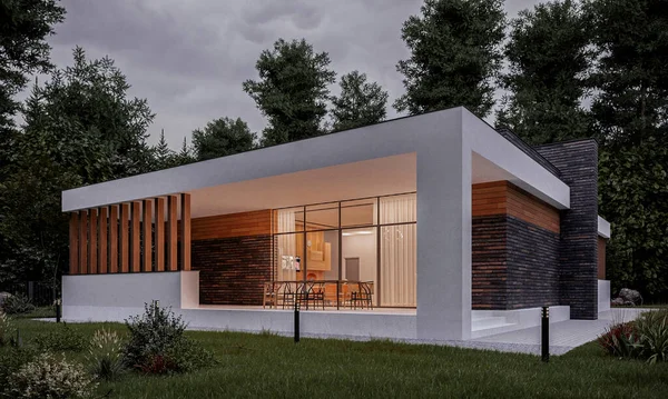 Modern house with terrace and carport. 3D visualization. House exterior. The facade of the house in a modern style.
