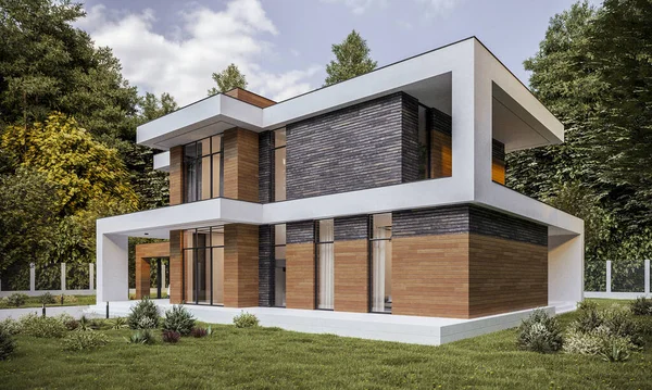 3D visualization of a modern house with a carport. House with panoramic windows. house in the forest
